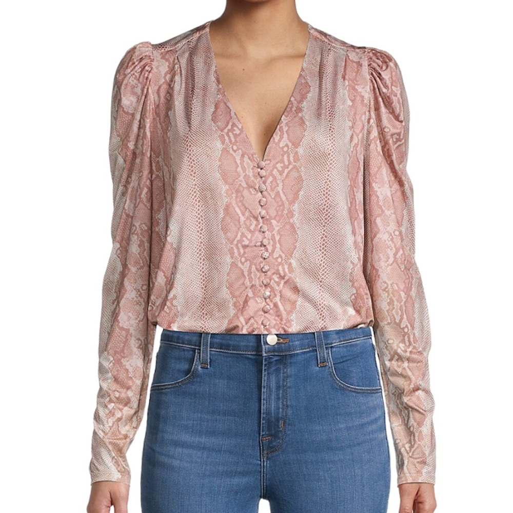AFRM Dusty Rose Snake-Print V-Neck Long-Sleeve Bodysuit